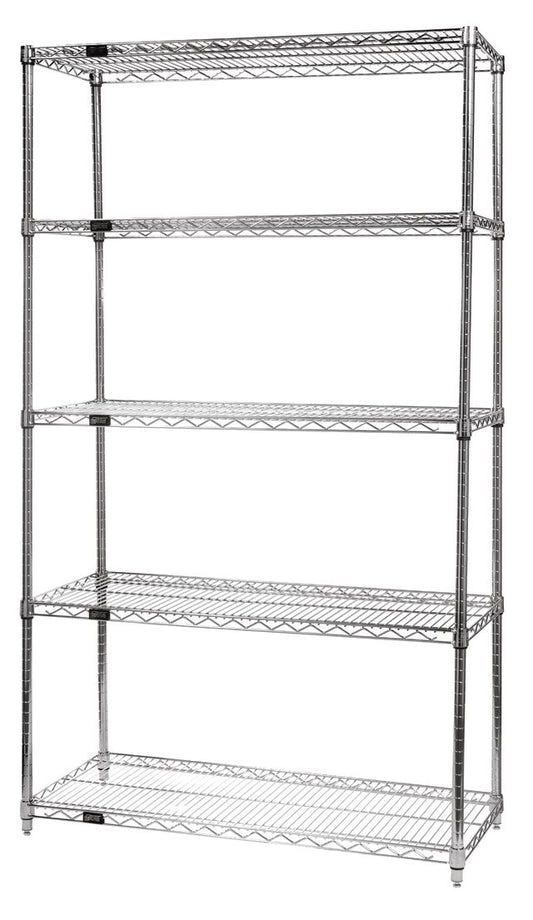 Wire shelving unit with five shelves on a white background