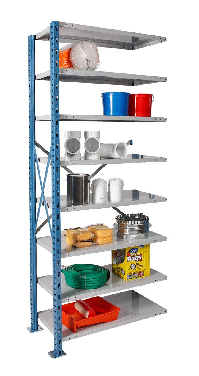 Metal shelving unit with various items on a white background