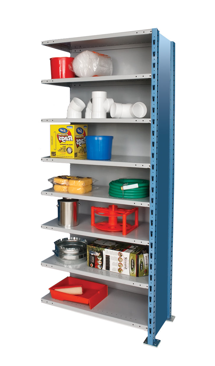 Metal storage shelf with various items on a white background