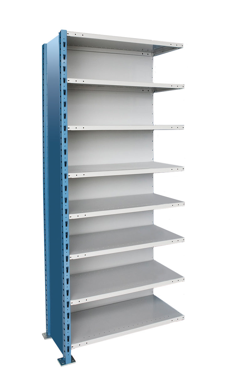 Metal shelving unit with multiple shelves on a white background
