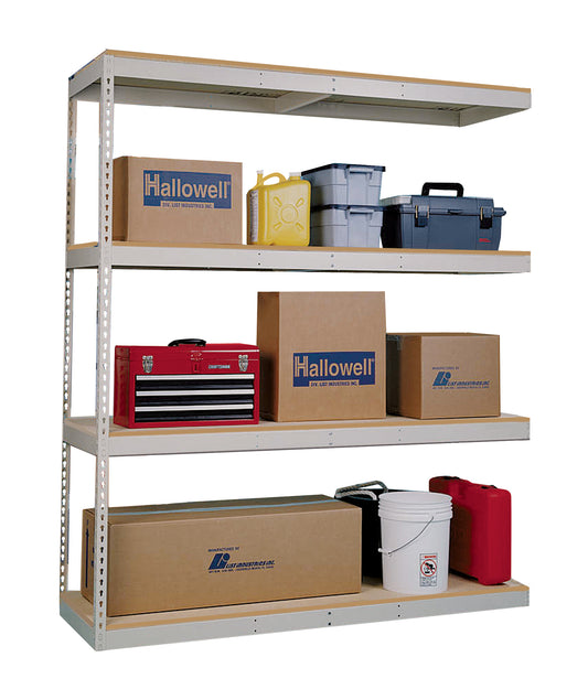 Storage shelves with various items including boxes and tools on a white background