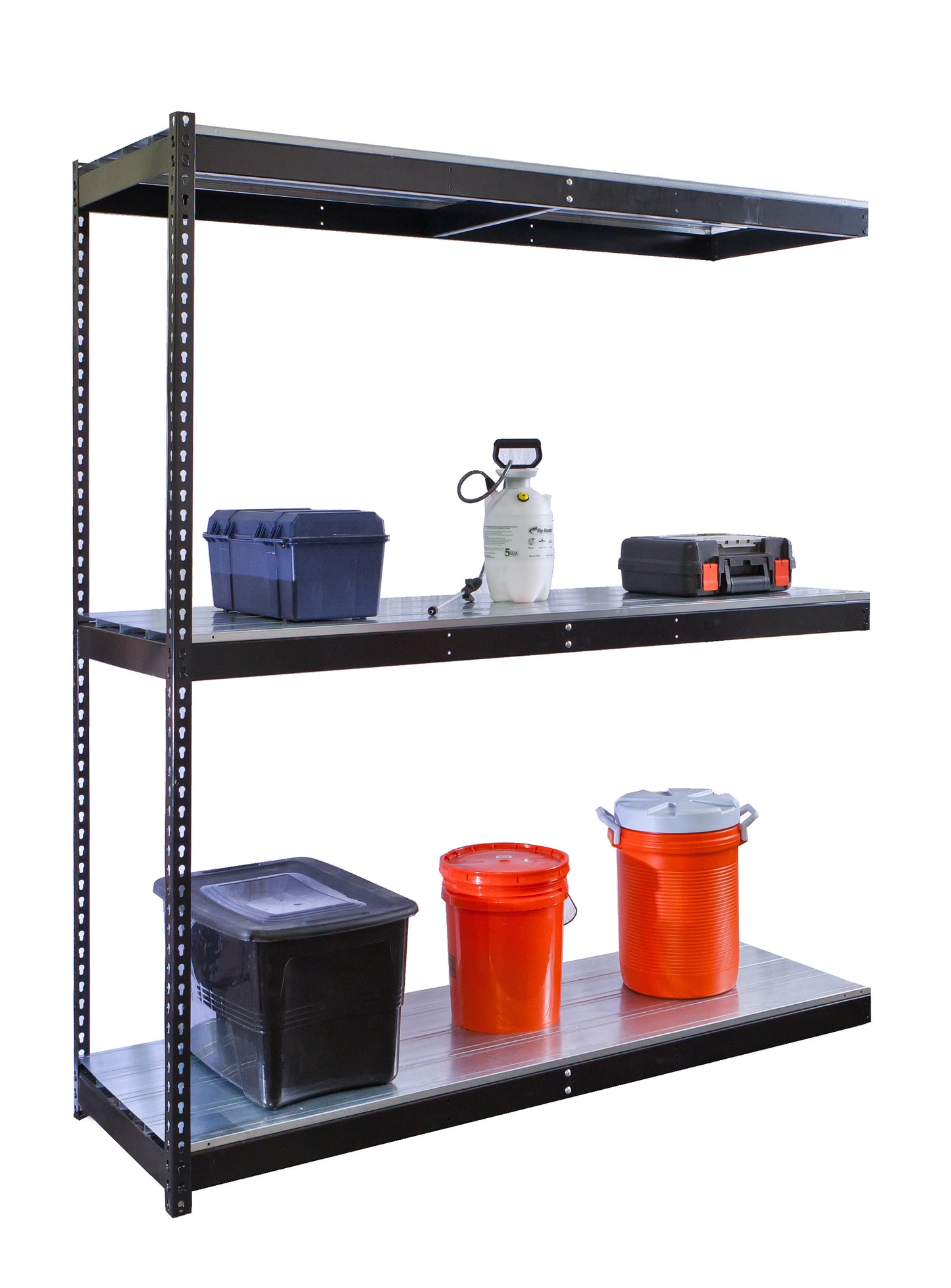 Metal shelving unit with various storage containers on a white background