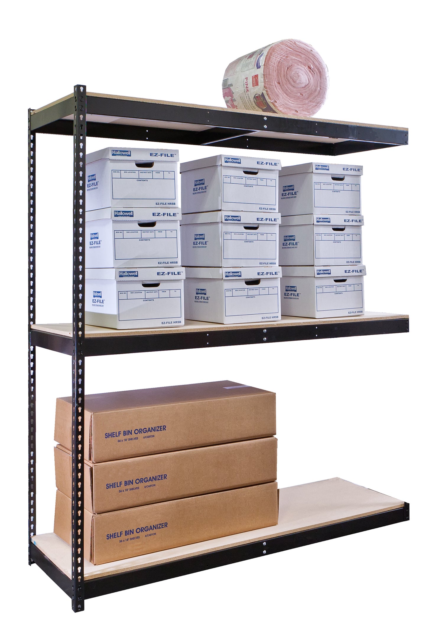 Storage rack with boxes and a roll of paper on a white background
