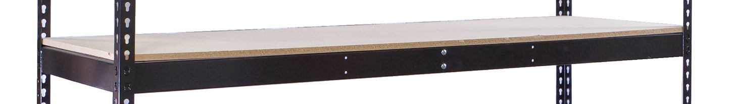 Long metal shelf with a wooden top on a black metal frame