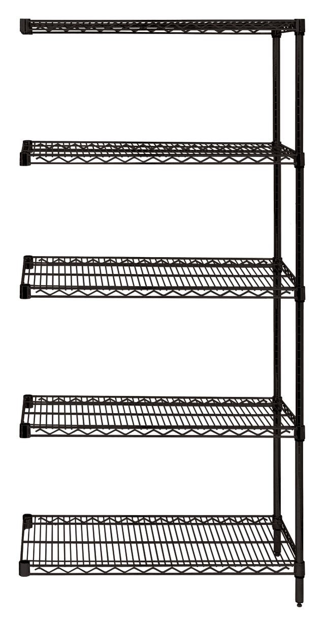 Black metal shelving unit with five shelves on a white background