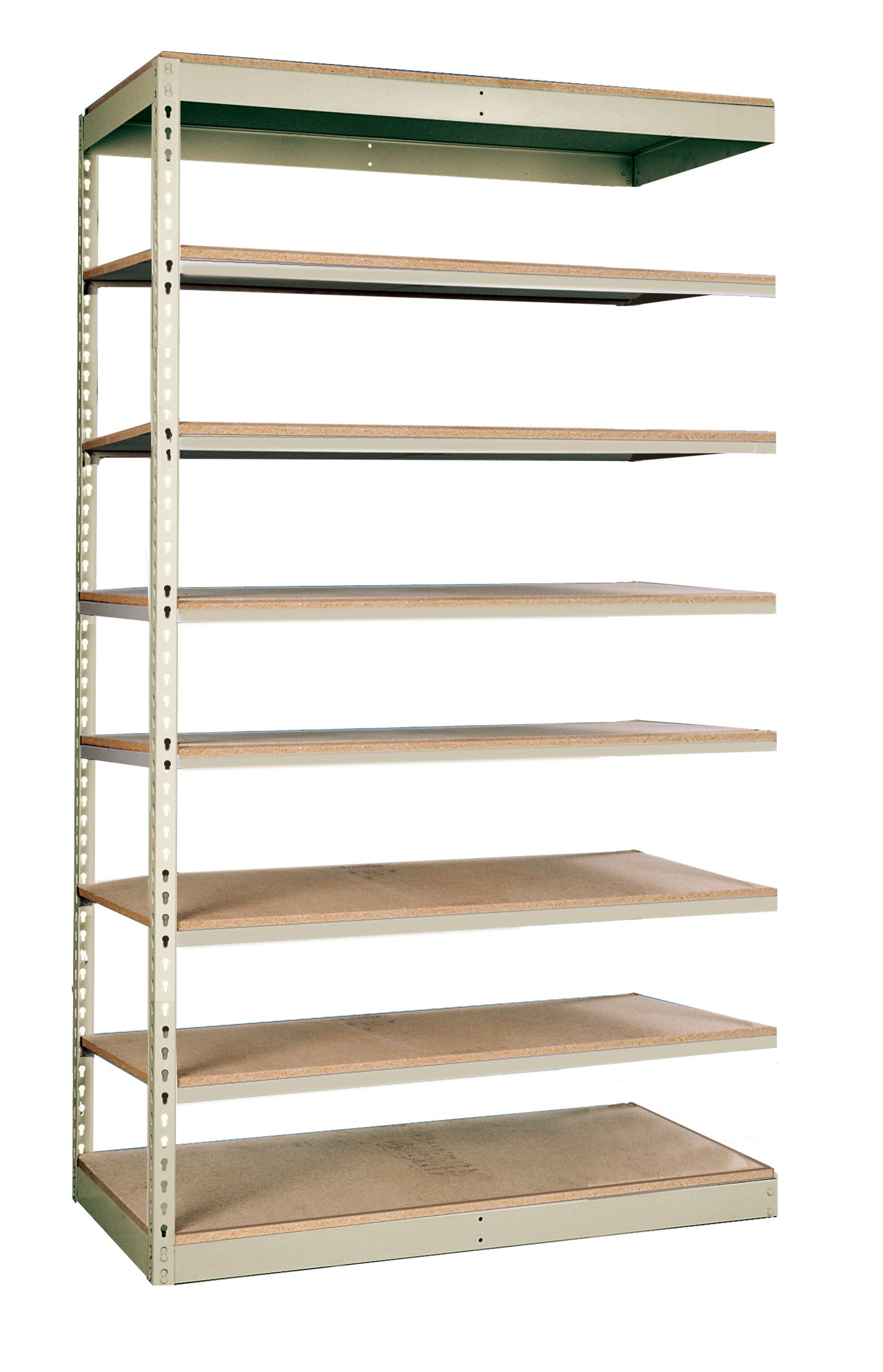 Metal shelving unit with wooden shelves on a white background