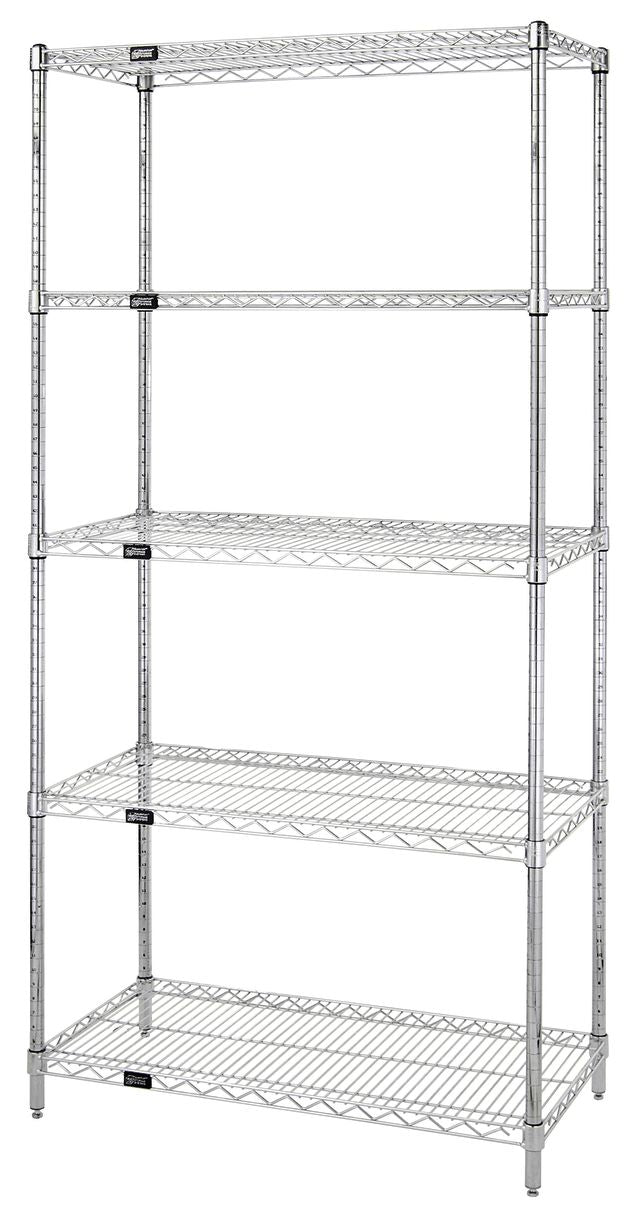 Metal shelving unit with five shelves on a white background