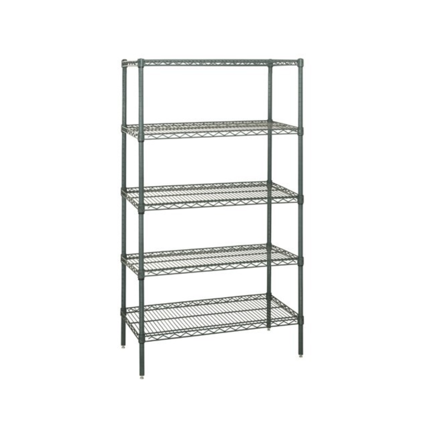 Metal shelving unit with four shelves on a white background