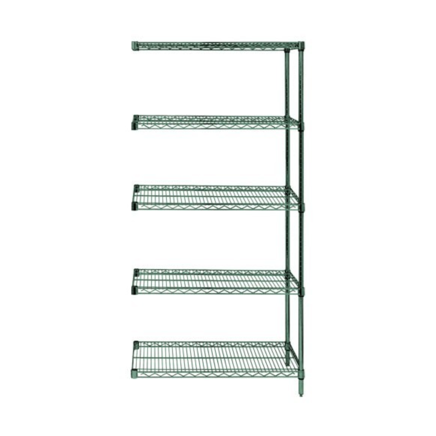 Green metal shelving unit with five shelves on a white background