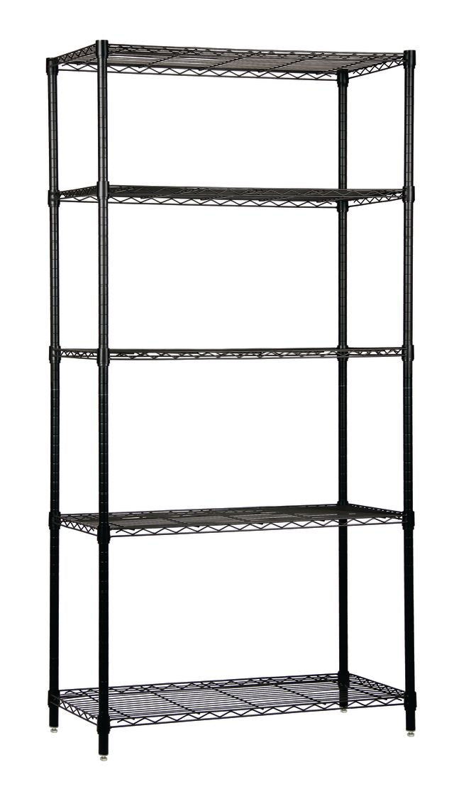 Black metal shelving unit with five shelves on a white background