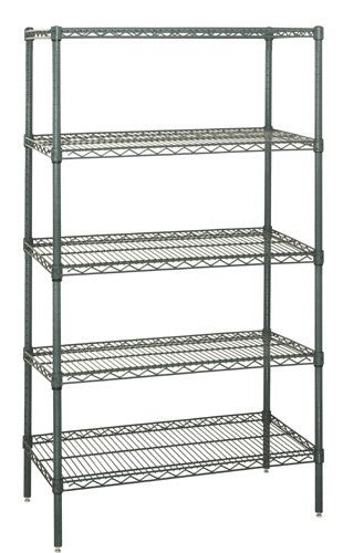 Metal shelving unit with five shelves on a white background