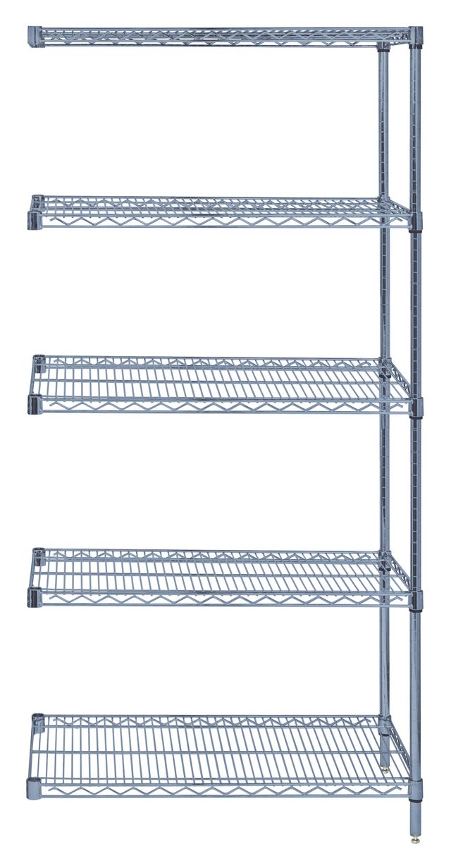 Metal shelving unit with five wire shelves on a white background