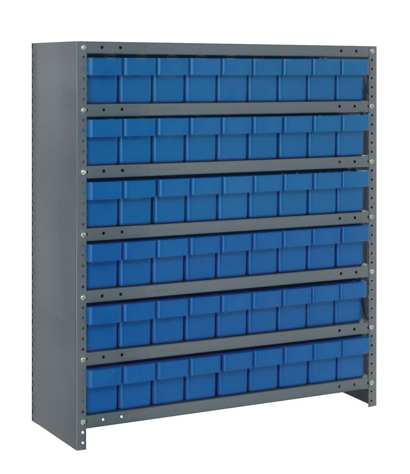 Storage rack with blue bins on a white background