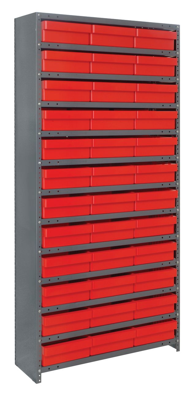 Storage unit with red drawers and gray frame on a white background