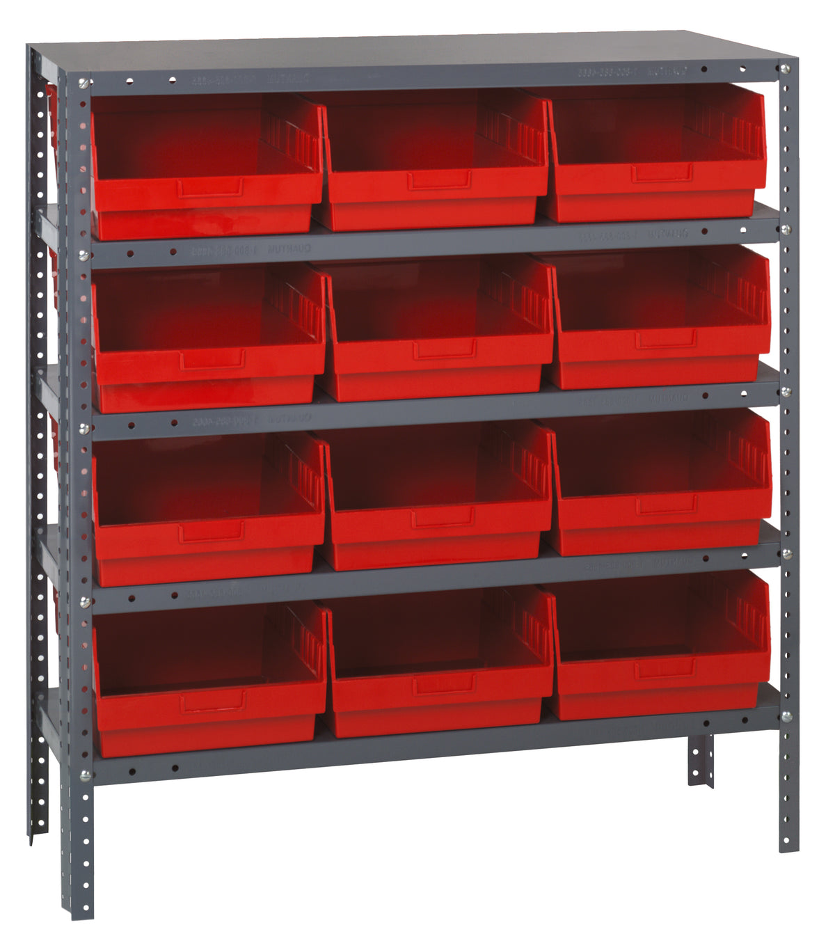 Metal shelving unit with red storage bins on a white background