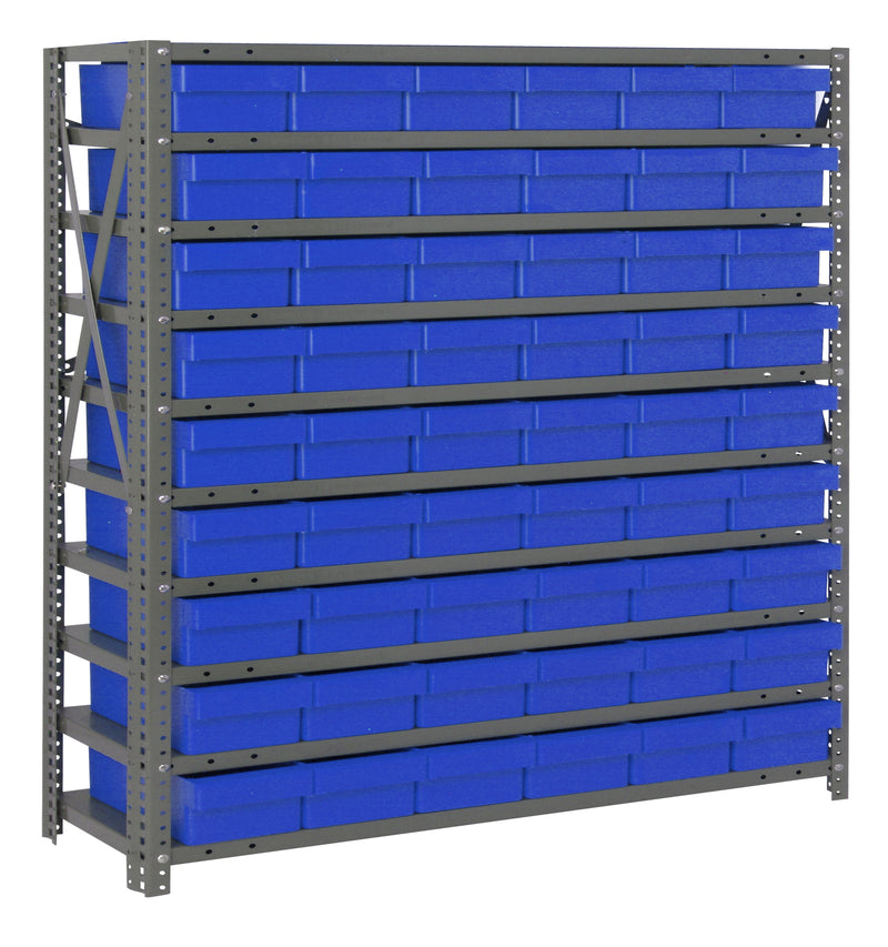 Storage rack with blue bins on a white background