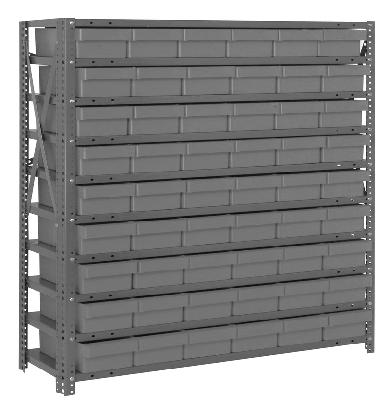 Gray metal storage rack with multiple shelves on a white background