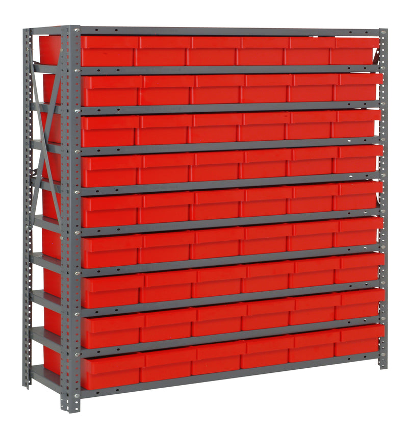 Storage rack with red bins on a white background