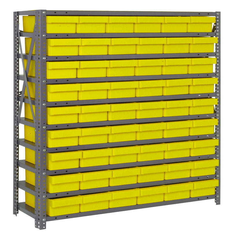 Storage rack with yellow bins on a white background