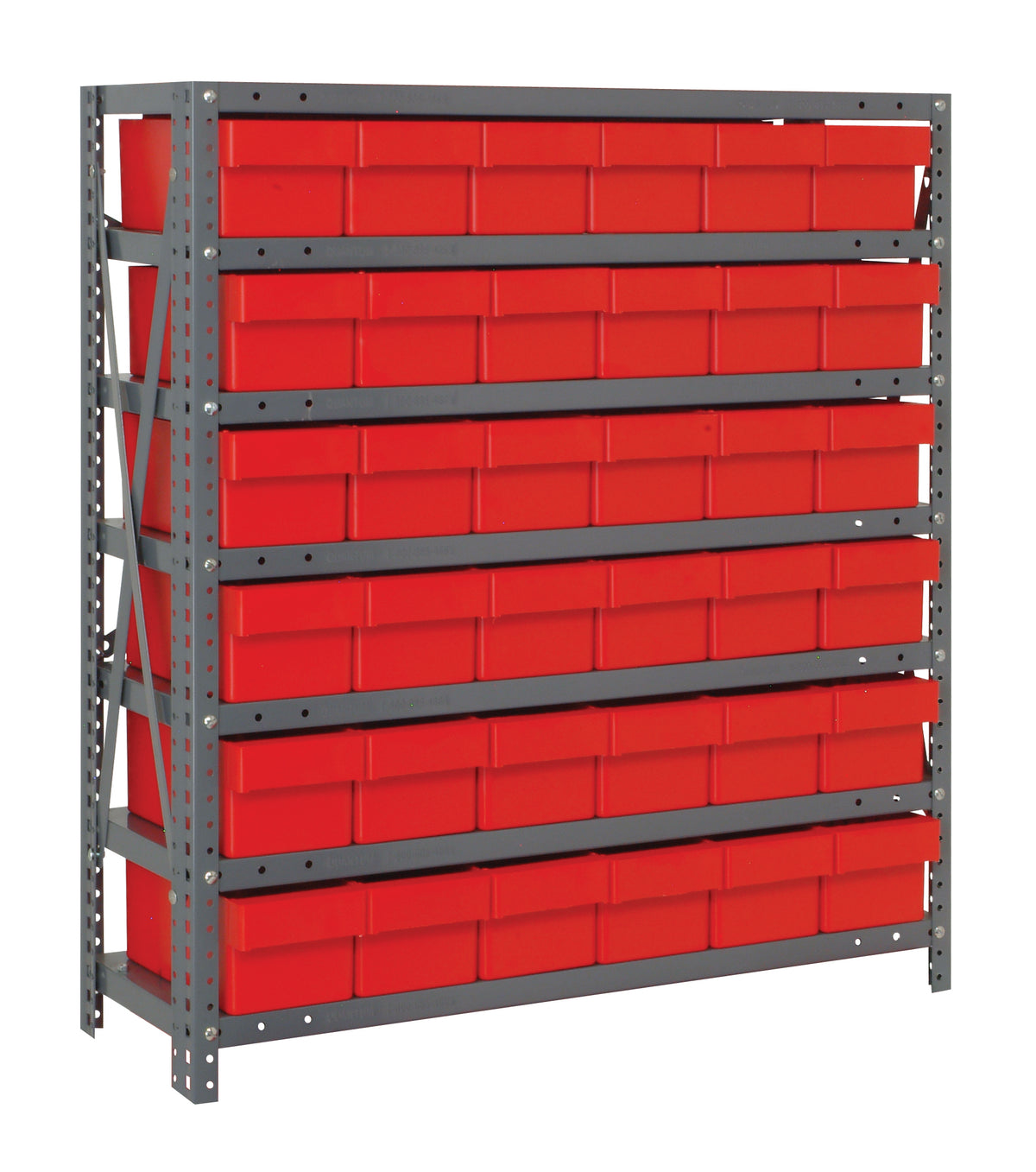 Storage rack with red bins on a white background