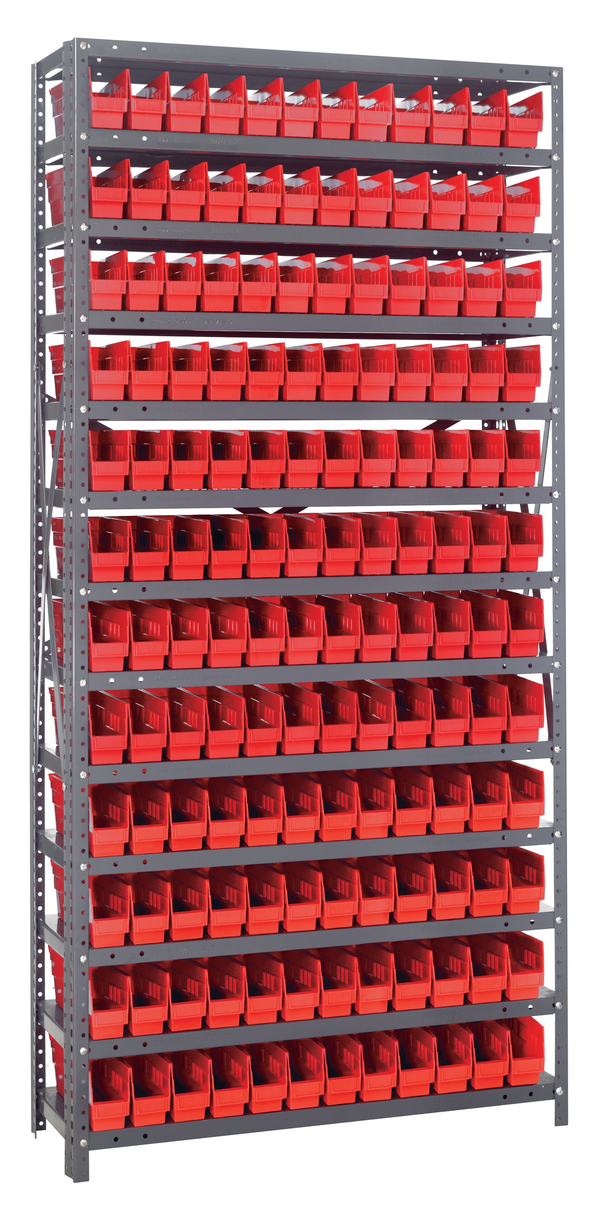 Stack of red storage bins on a metal shelving unit
