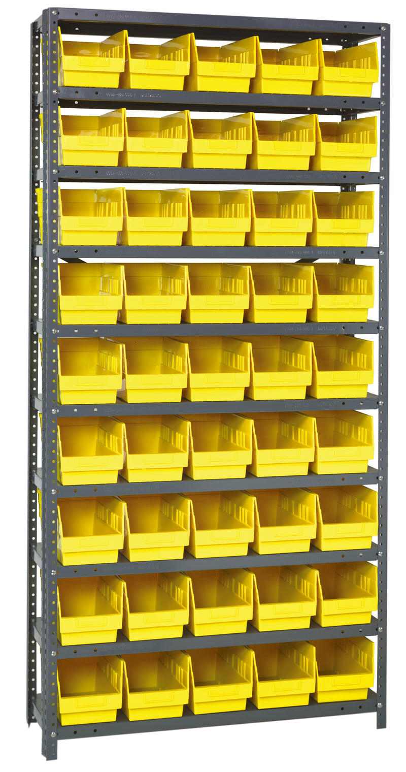 Storage rack with yellow bins in a warehouse setting