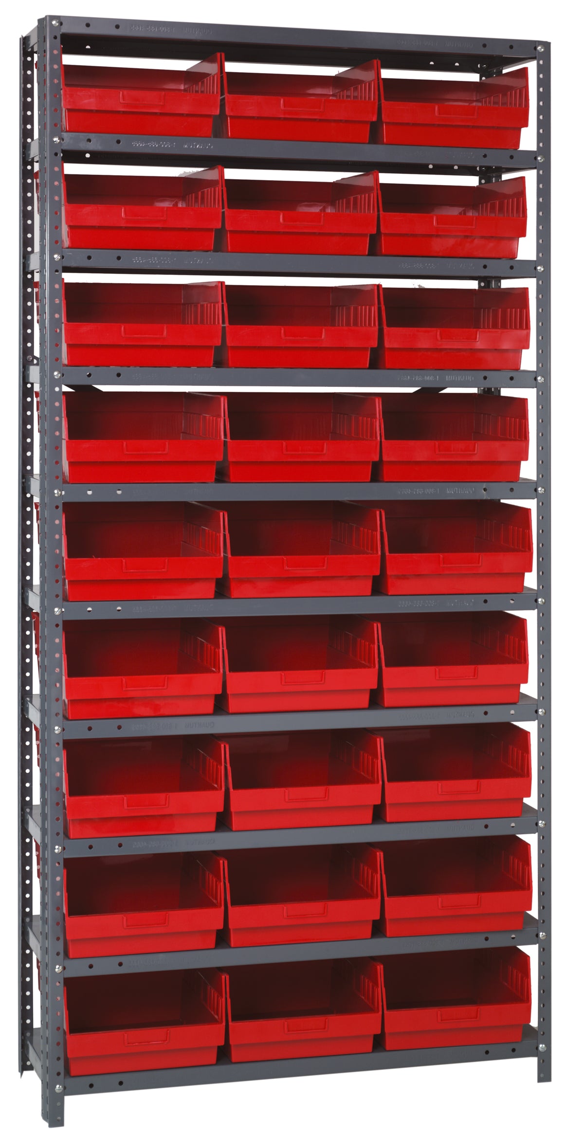 Metal shelving unit with red storage bins on a white background