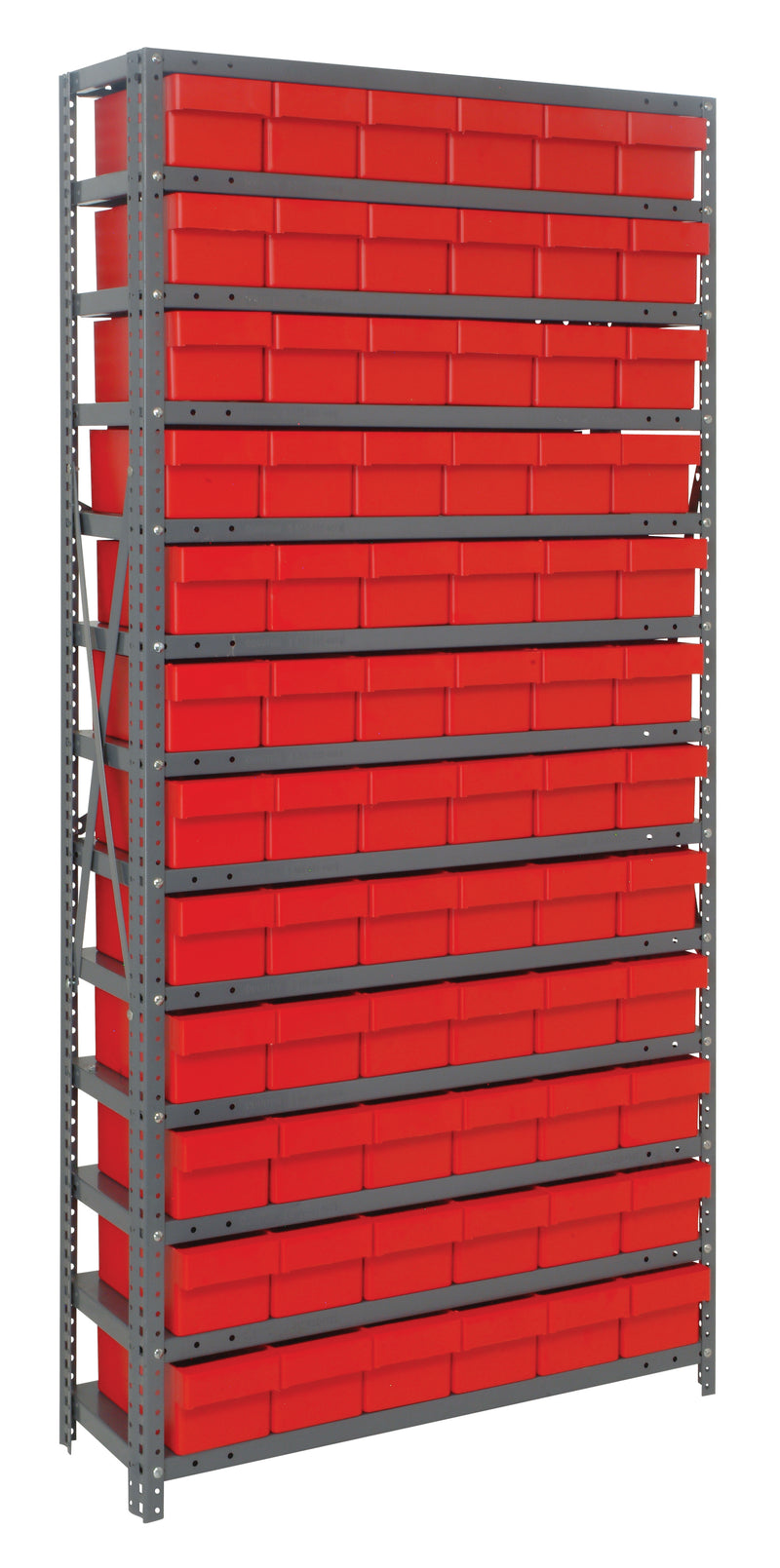 Storage rack with red bins on a white background