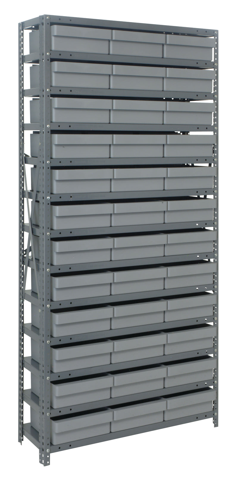 Stack of gray metal storage drawers on a metal frame