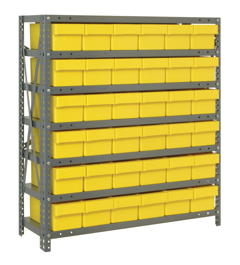 Storage rack with yellow bins on a white background