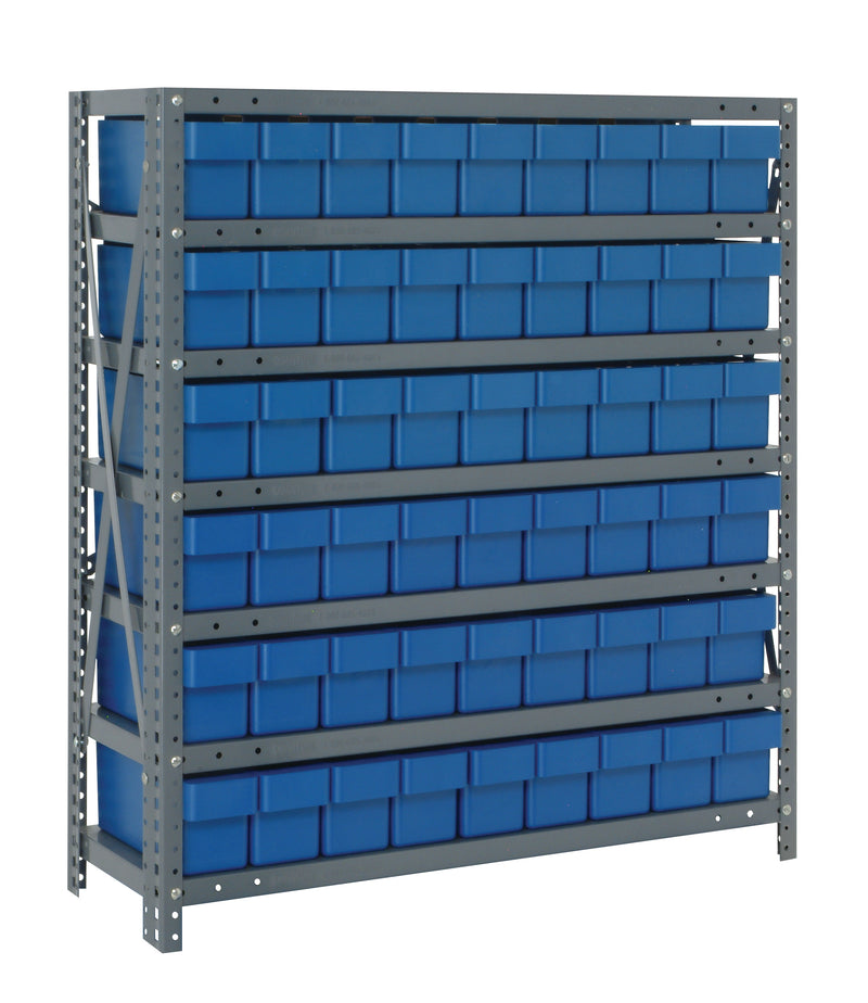 Storage rack with blue bins on a white background