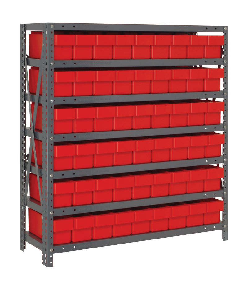 Storage rack with red bins on a white background