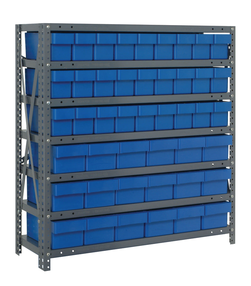 Storage rack with blue bins on a white background