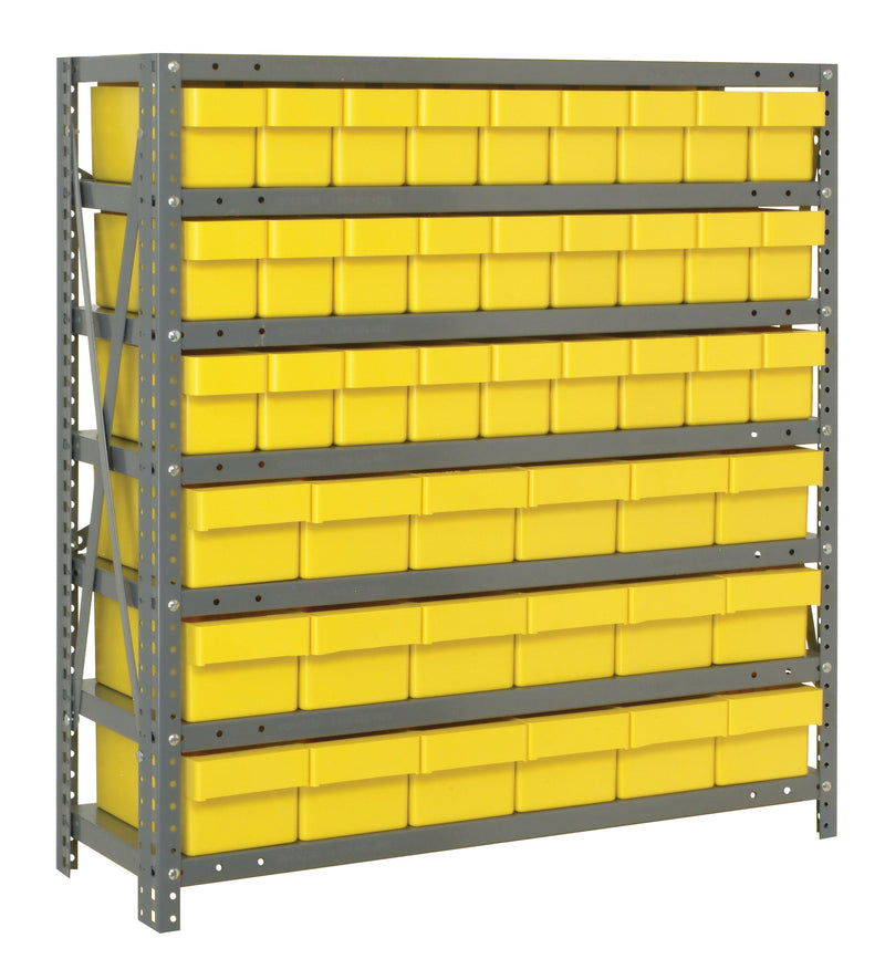 Storage rack with yellow bins on a white background