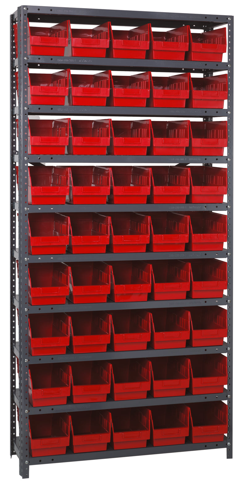 Storage rack with red bins on a gray metal frame