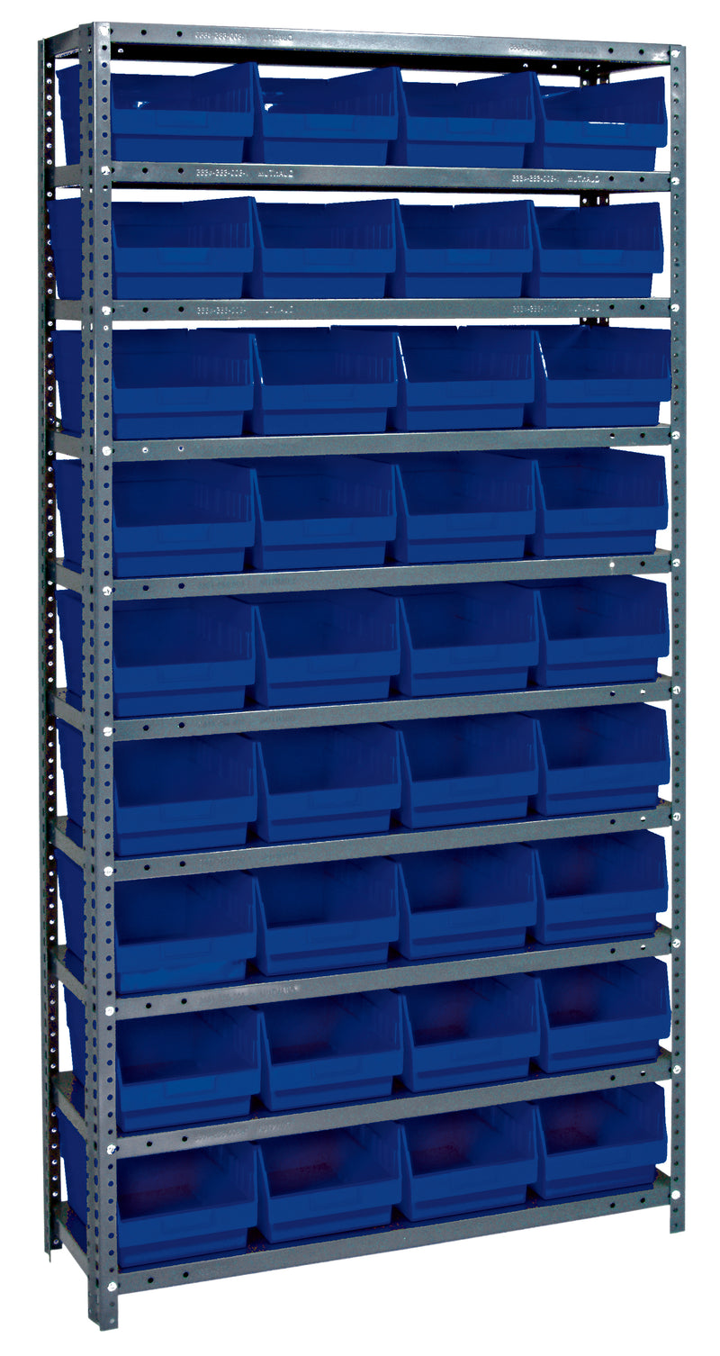 Metal shelving unit with blue storage bins on a white background