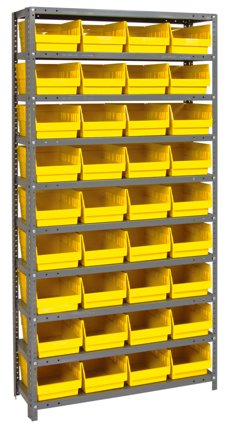 Storage rack with yellow bins on a gray metal frame