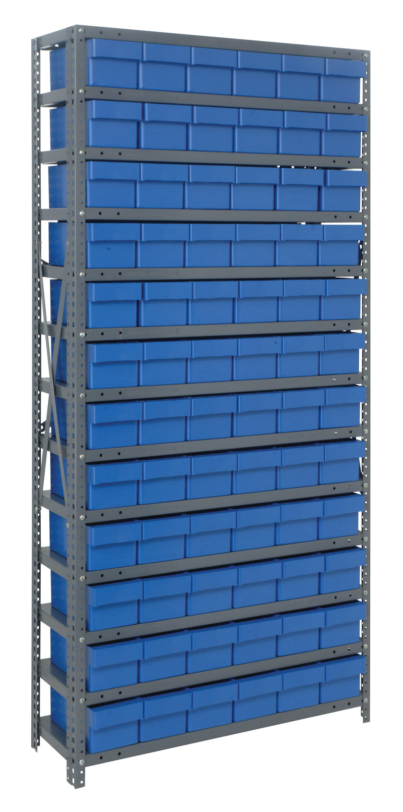 Metal shelving unit with blue storage bins in a warehouse setting