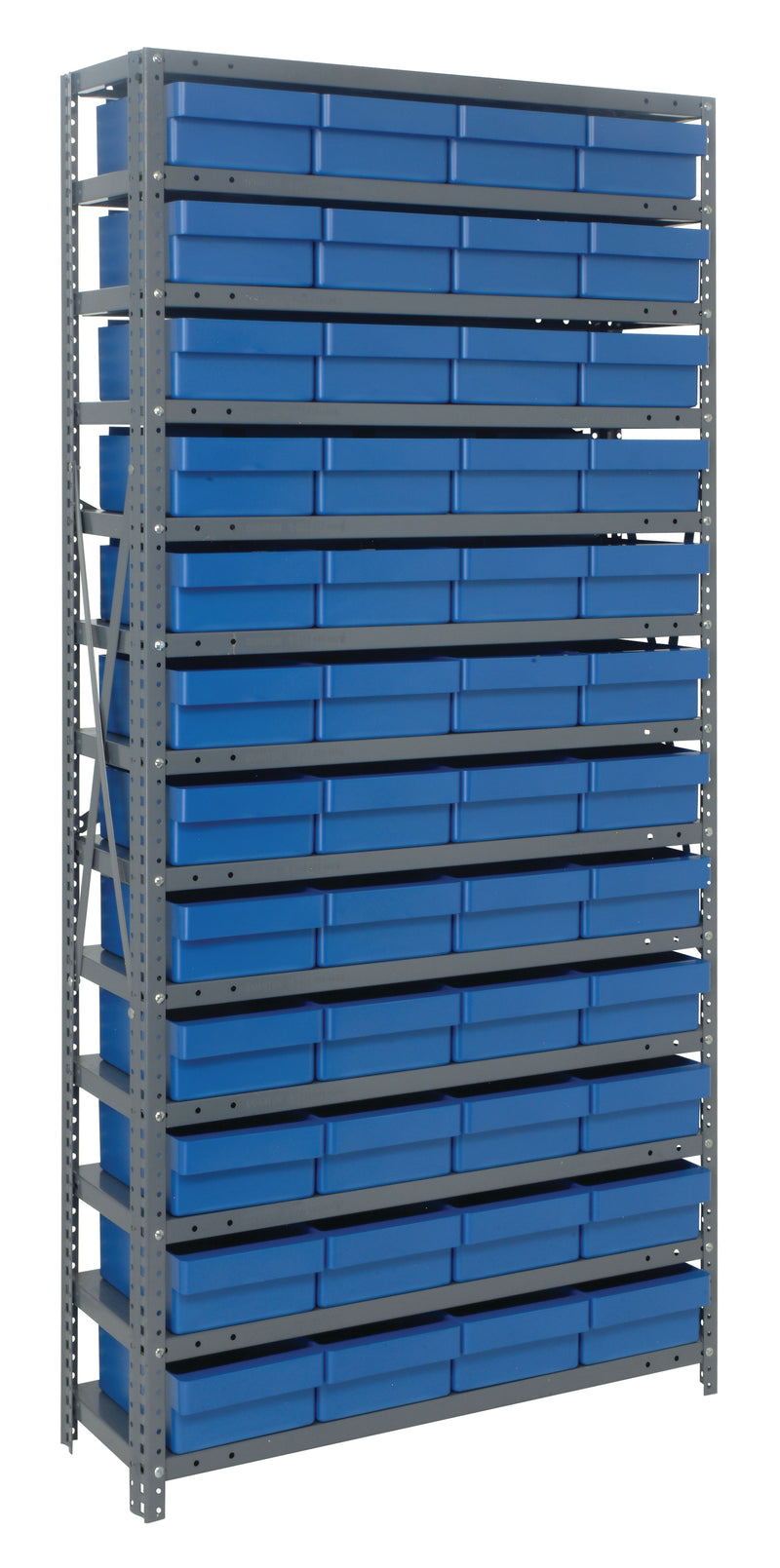 Storage rack with blue bins on a gray background