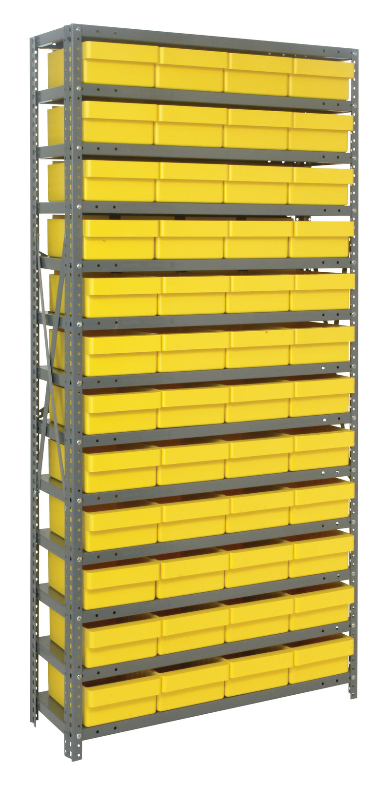 Storage rack with yellow bins on a white background