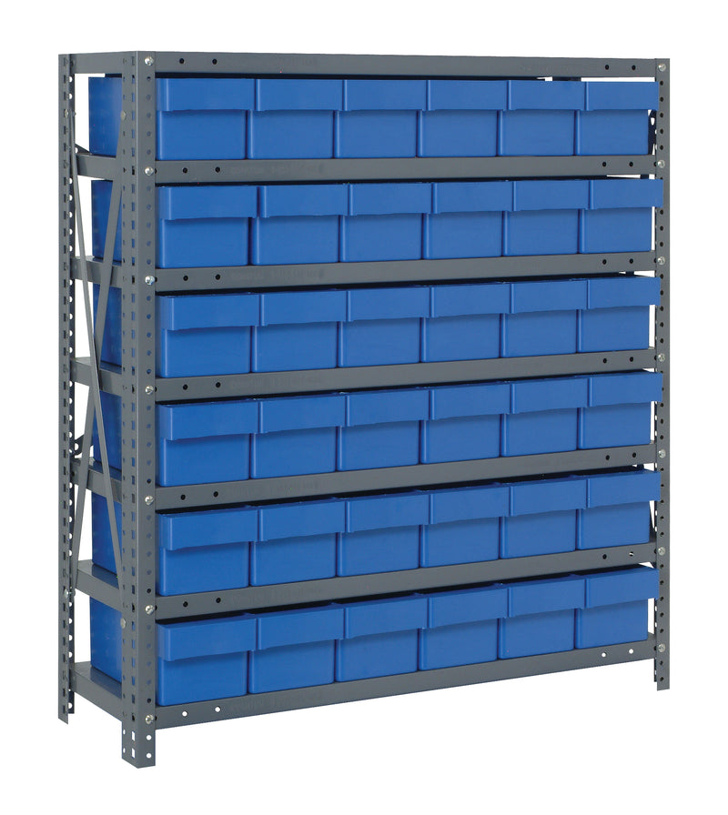 Storage rack with blue bins on a white background