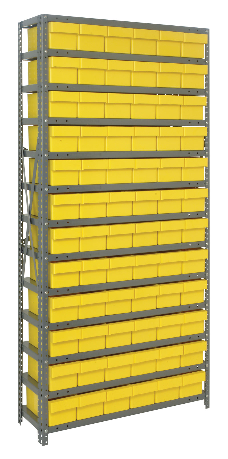 Storage rack with yellow bins on a white background