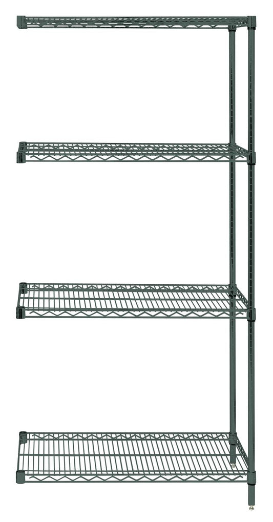 Black wire shelving unit with five shelves on a white background