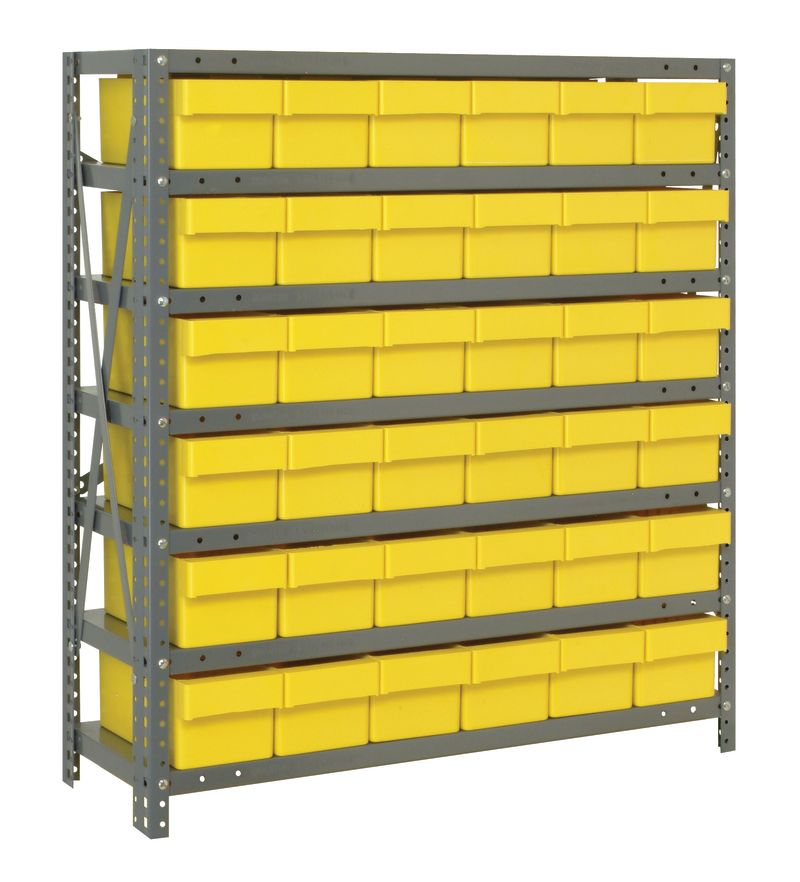 Storage rack with yellow bins on a white background
