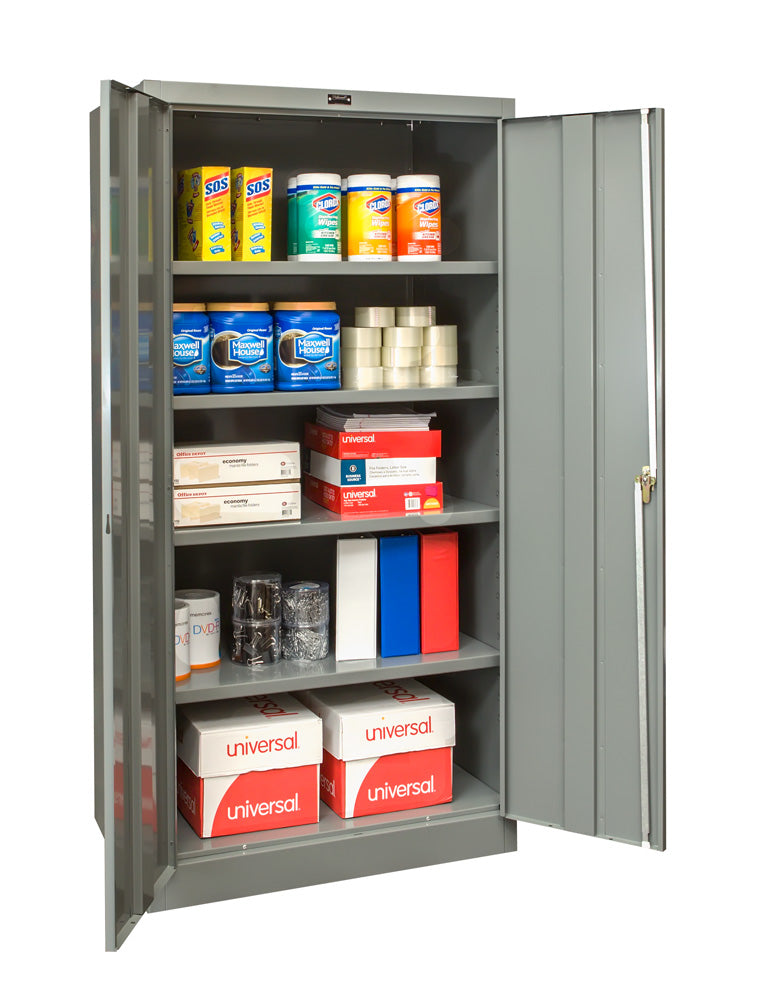 Gray storage cabinet with various supplies on shelves against a white background