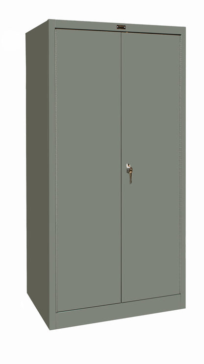 Gray metal storage cabinet with a key lock on a white background