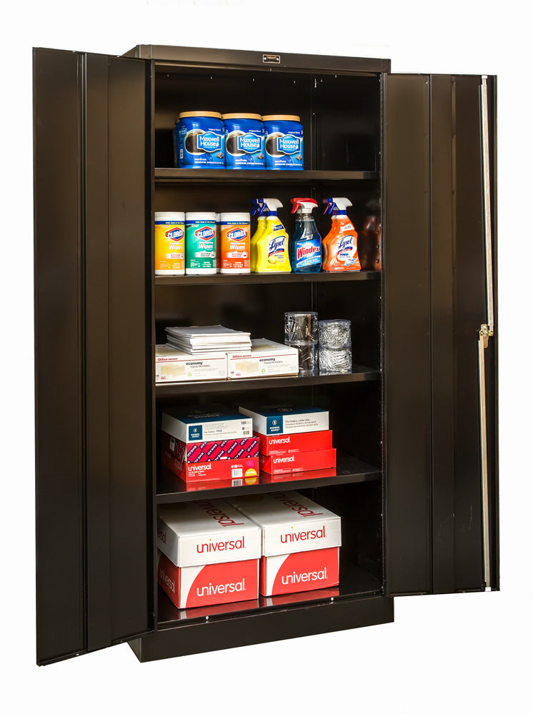 Storage cabinet with various items including cleaning supplies and boxes on a white background