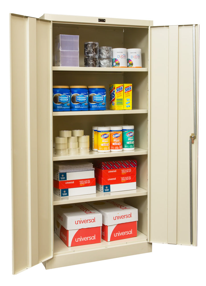 Beige storage cabinet with various office supplies on shelves