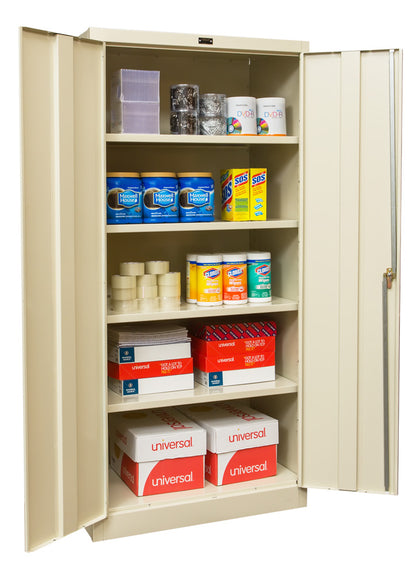 Beige storage cabinet with various office supplies on shelves