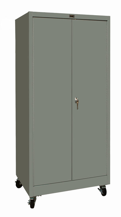 Gray storage cabinet with wheels on a white background